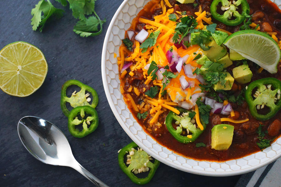 mole-inspired short rib chili with jalapeños, dried ancho chiles and black beans
