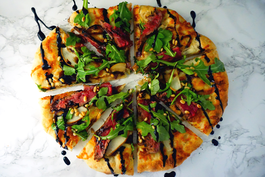 Flank Steak Pizza with pear, boursin cheese, arugala and balsamic glaze