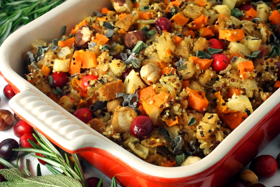 Thanksgiving Stuffing with quinoa, apples, cranberries and hazelnuts
