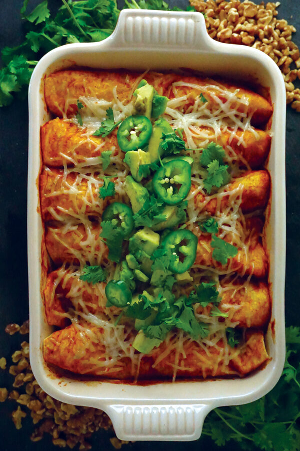 Vegan enchiladas with walnut meat, cauliflower, sweet potato and Sky Valley Enchilada Sauce