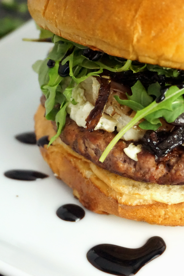 Boursin Cheese Burgers with Balsamic Onion Jam on Brioche Buns