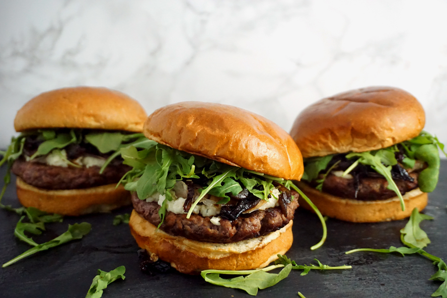 Boursin Burgers with Crisp Prosciutto and Onion Jam