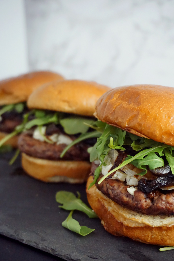 Boursin Cheese Burgers with Balsamic Onion Jam on Brioche Buns