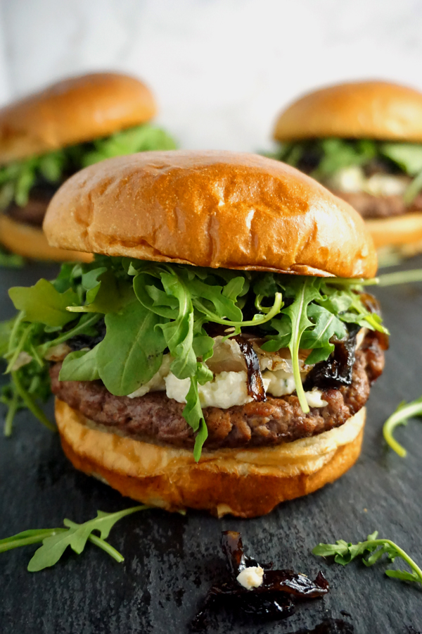 Boursin Cheese Burgers with Balsamic Onion Jam on Brioche Buns