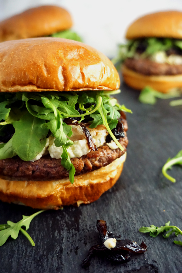 Boursin Cheese Burgers with Balsamic Onion Jam on Brioche Buns