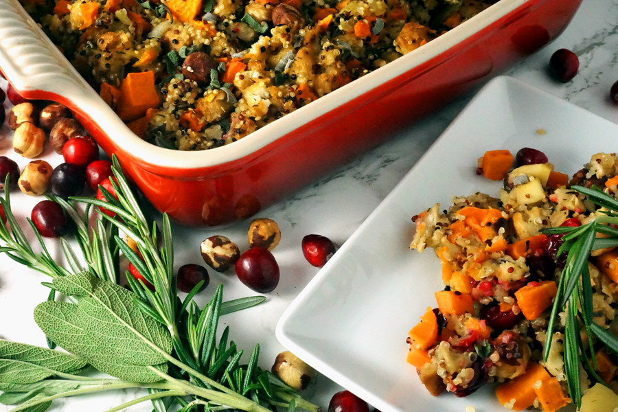 Thanksgiving Stuffing with quinoa, apples, cranberries and hazelnuts