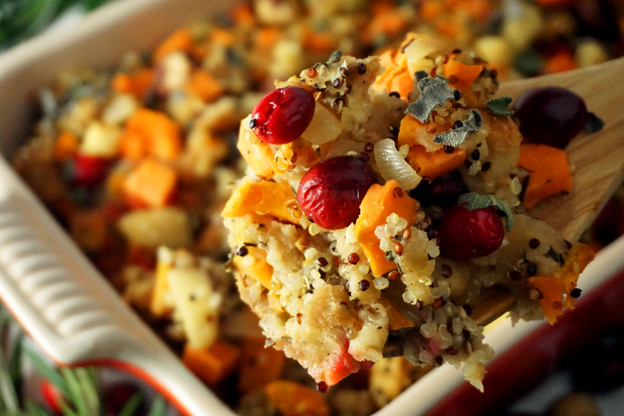 Thanksgiving Stuffing with quinoa, apples, cranberries and hazelnuts