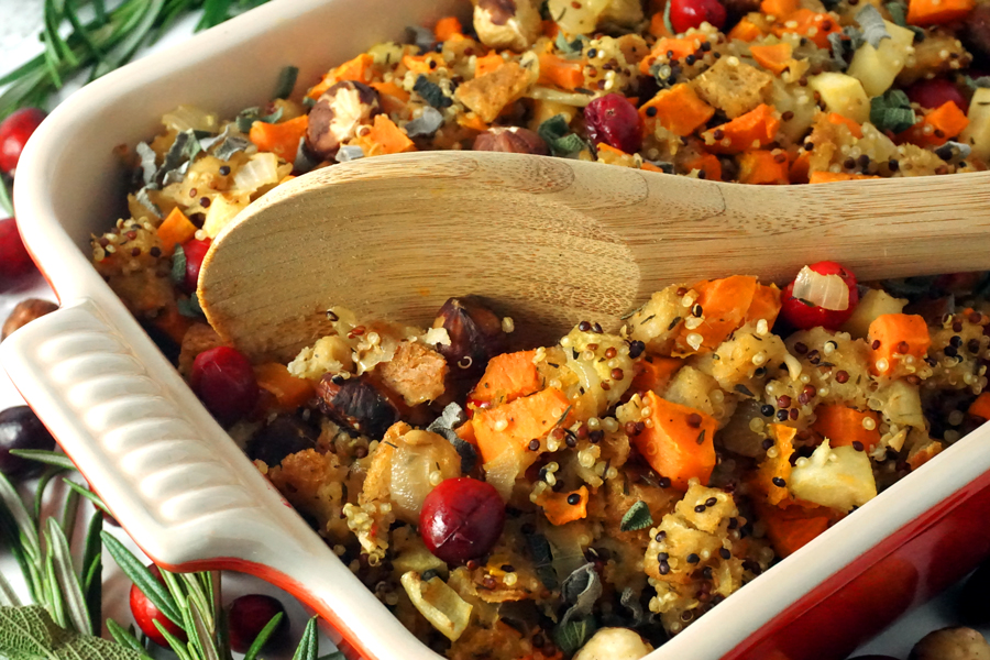 Thanksgiving Stuffing with quinoa, apples, cranberries and hazelnuts