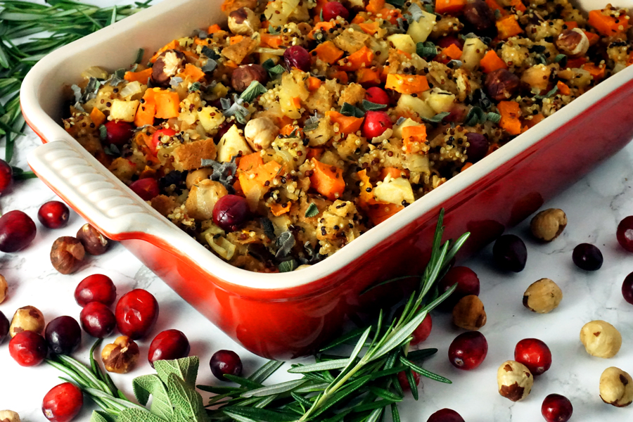Hazelnut Cranberry Quinoa Stuffing with Apples and Sweet Potato