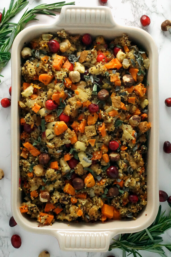 Thanksgiving Stuffing with quinoa, apples, cranberries and hazelnuts