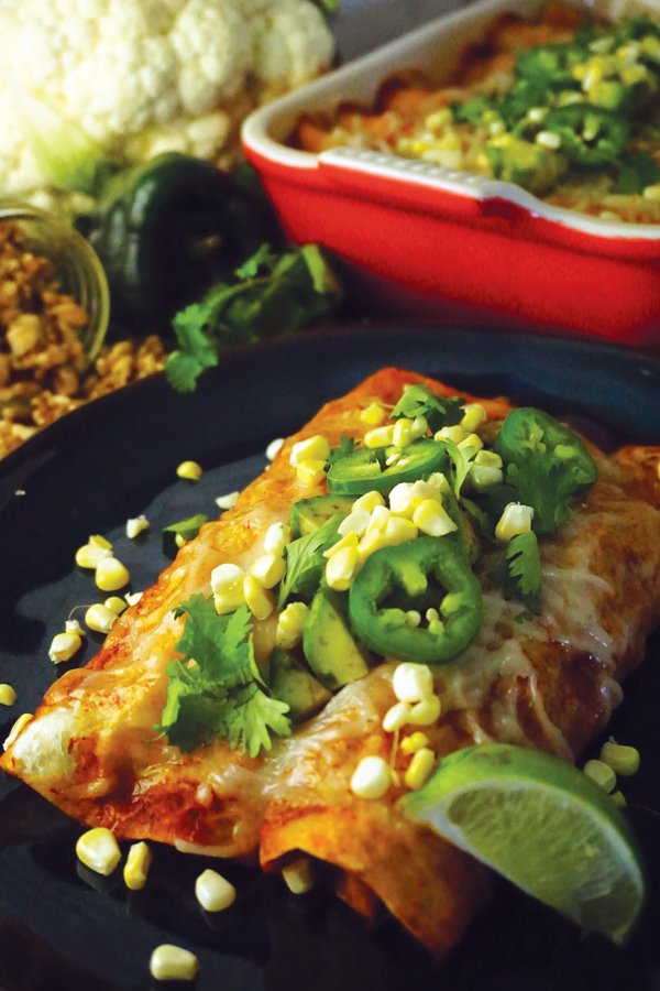 Vegan enchiladas with walnut meat, cauliflower, sweet potato and Sky Valley Enchilada Sauce