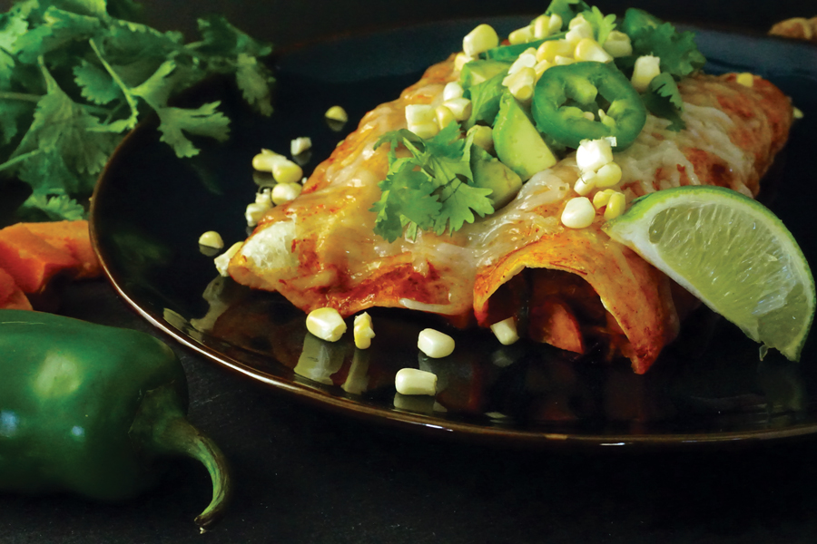 Vegan enchiladas with walnut meat, cauliflower, sweet potato and Sky Valley Enchilada Sauce