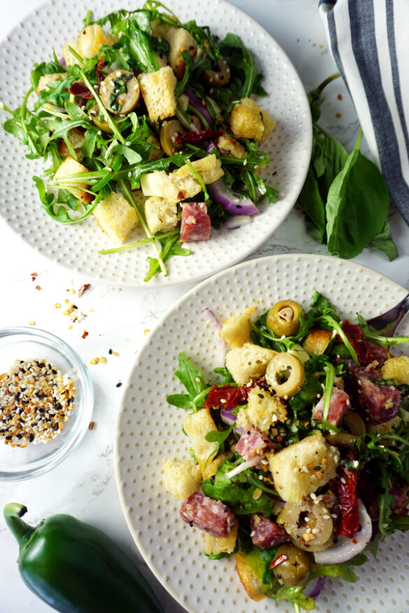 Spicy Antipasto Panzanella with Honey Everything Bagel Vinaigrette