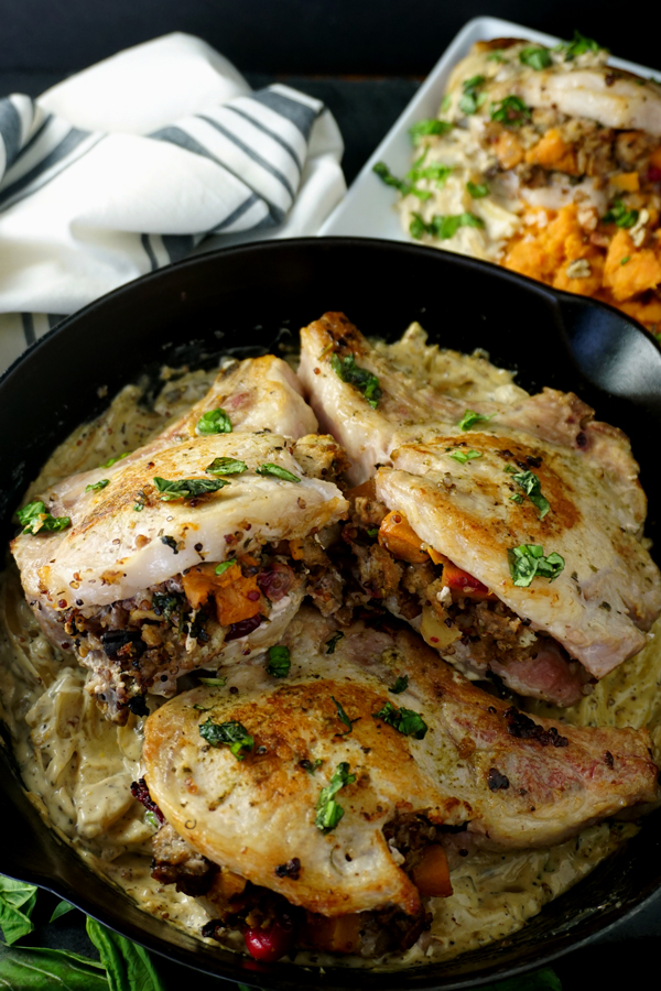 Stuffed Pork Chops in a Cast Iron Skillet