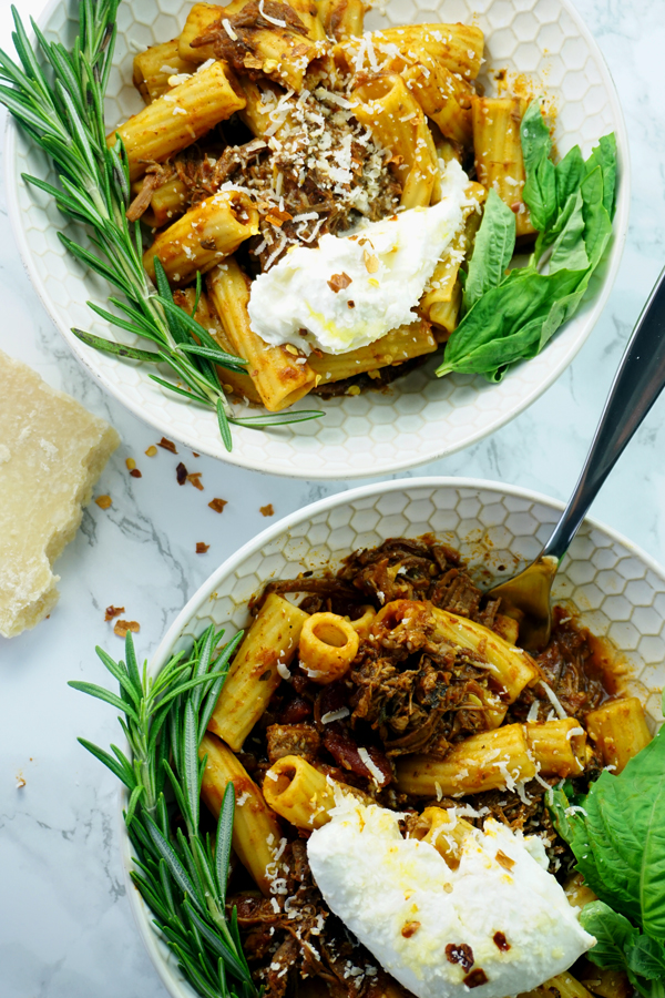 Instant pot cabernet-braised beef short rib rigatoni with burrata