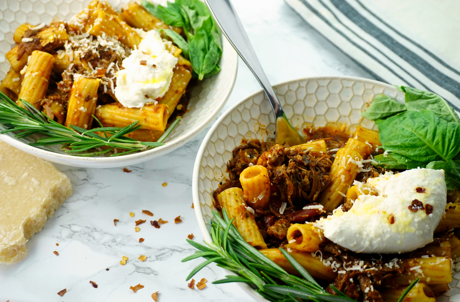 Instant pot cabernet-braised beef short rib rigatoni with burrata