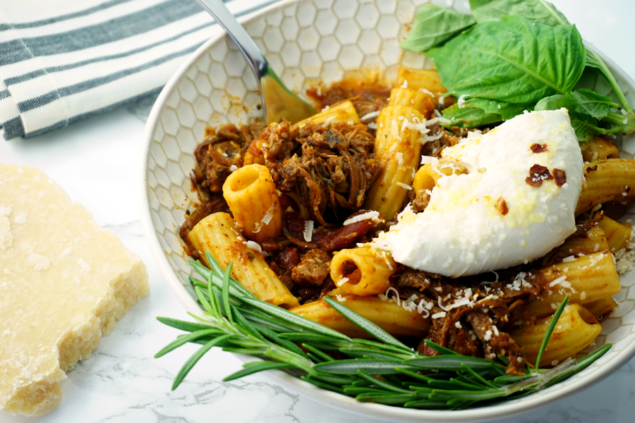 Instant pot cabernet-braised beef short rib rigatoni with burrata