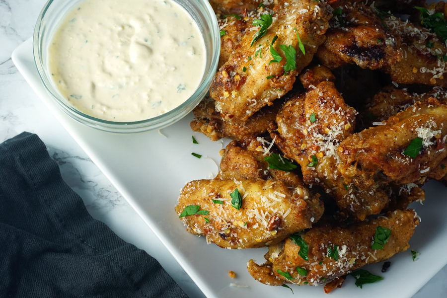 Truffle Parmesan Chicken Wings with Creamy Garlic Dip