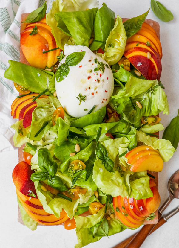 Simple summer salad with peaches and burrata by Zestful Kitchen