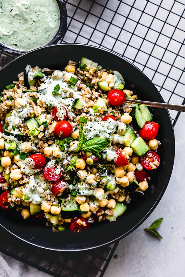 Farro Salad with Basil Lemon Tahini Dressing by Platings and Pairings