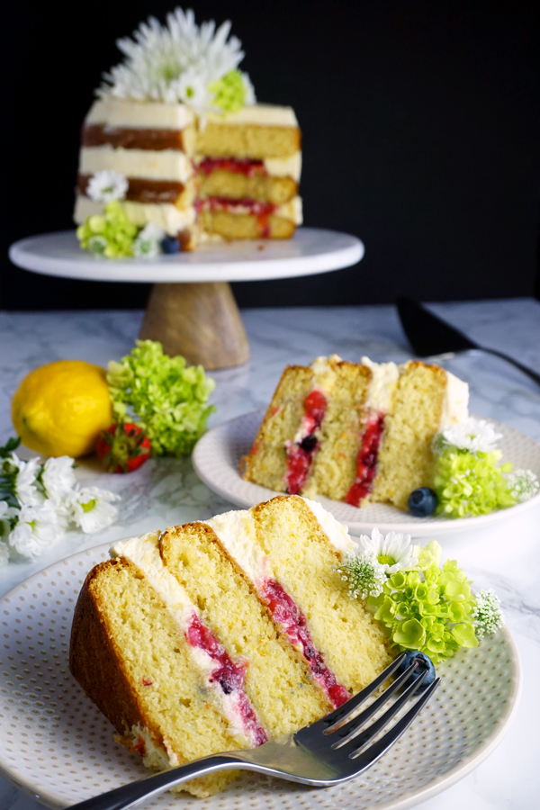 Citrus Chardonnay sangria cake with mascarpone cream and sangria fruit filling