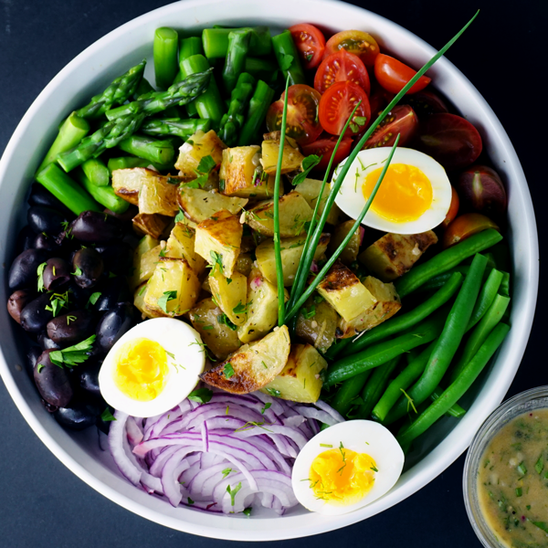 Spring Vegetable Nicoise Potato Salad with Chives and Lemon Herb Vinaigrette