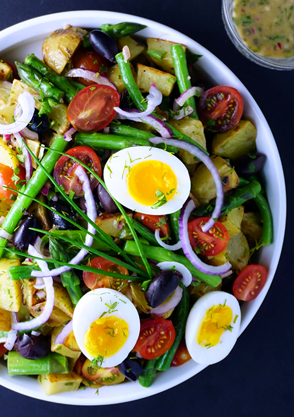 Spring Vegetable Nicoise Potato Salad with Chives and Lemon Herb Vinaigrette