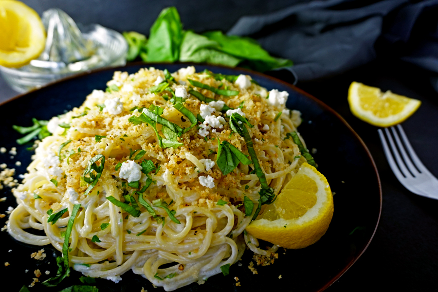 Lemony Goat Cheese Spaghetti with Garlic Herb Pangrattato