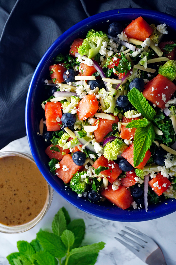 Watermelon Salad with Kale, Frydae Feta, Blueberries - Mint and