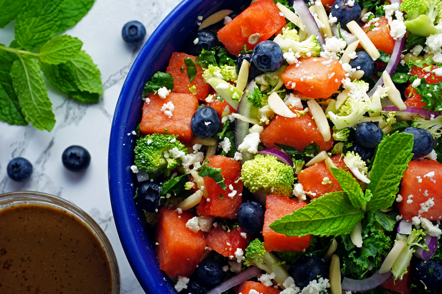 Watermelon Salad with Kale, Feta, Blueberries and Mint