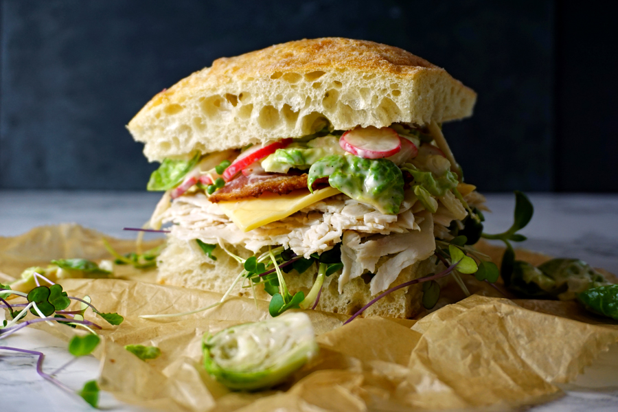 Turkey Bacon Club Sandwiches with Brussel Sprout Slaw