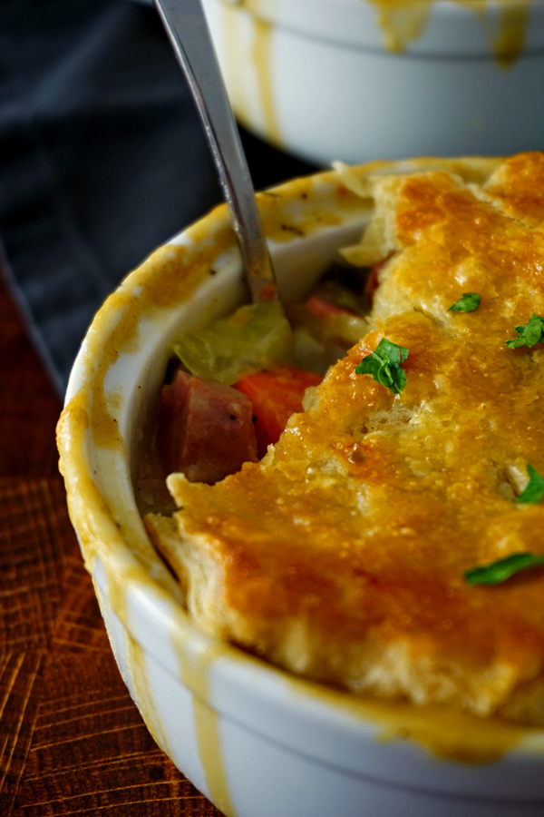 close up of the filling in a corned beef and cabbage pot pie