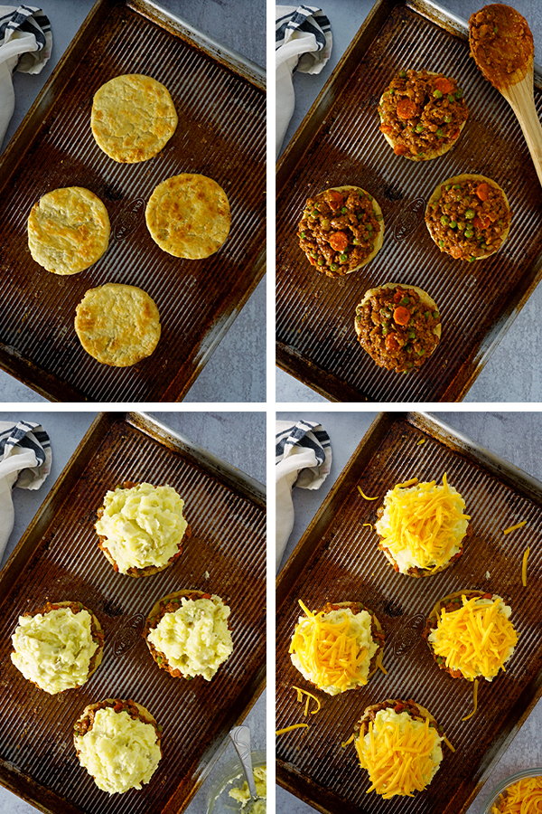 steps for preparing and assembling individual shepherd's pies on pie crusts