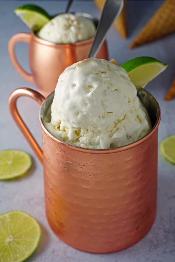 no-churn moscow mule ice cream in a hammered copper mug